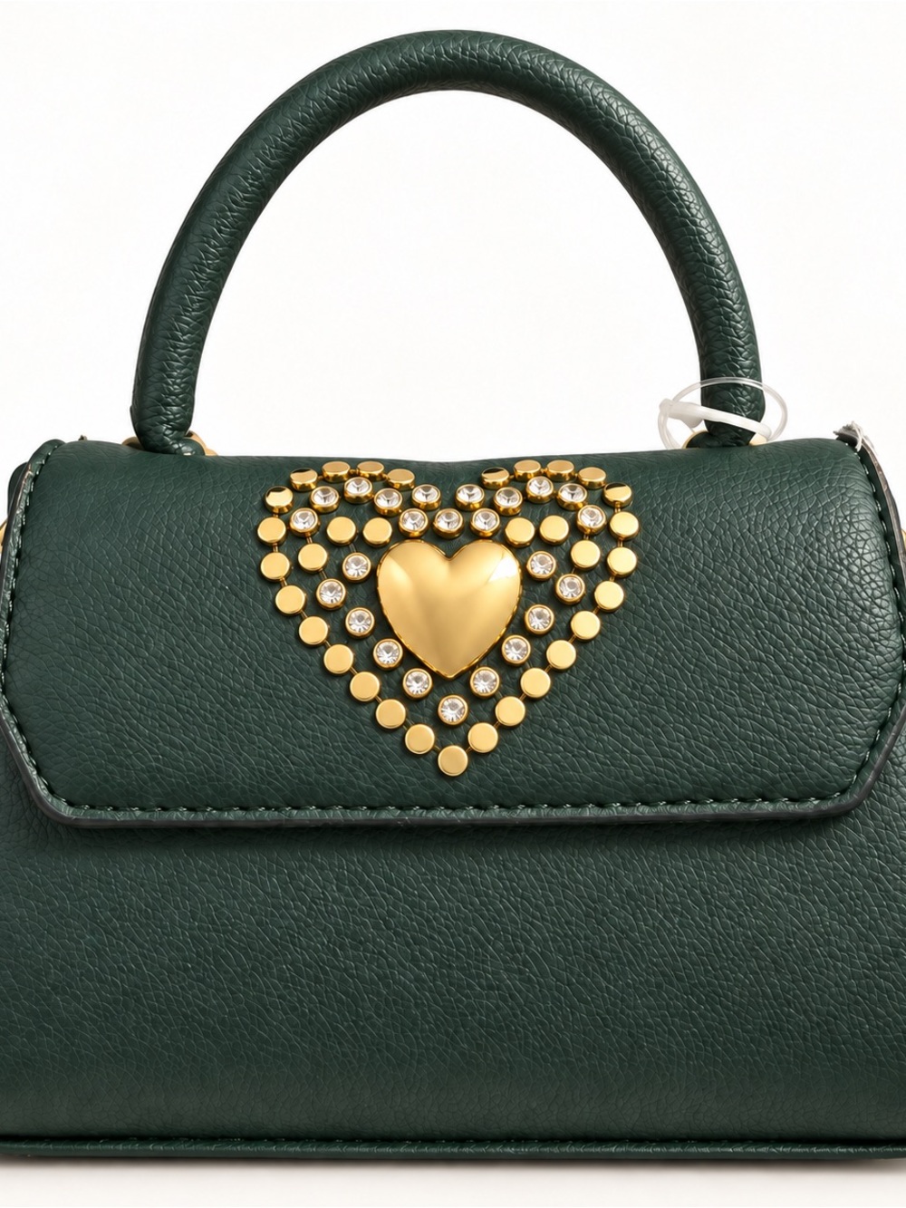 Dark Green Top-Handle Crossbody Bag with Gold Heart Accent